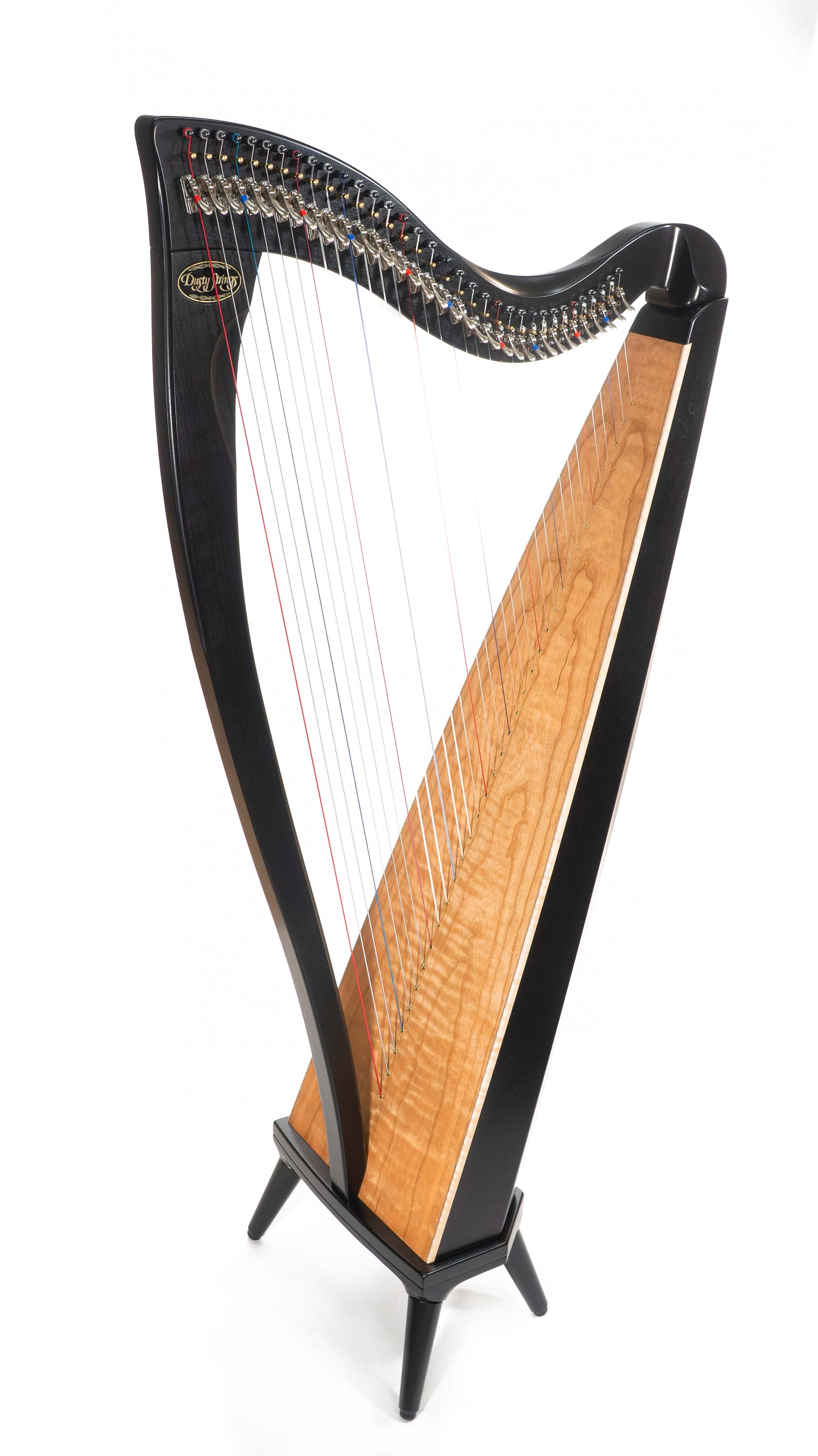 black harp with four legs, figured cherry soundboard, camac levers