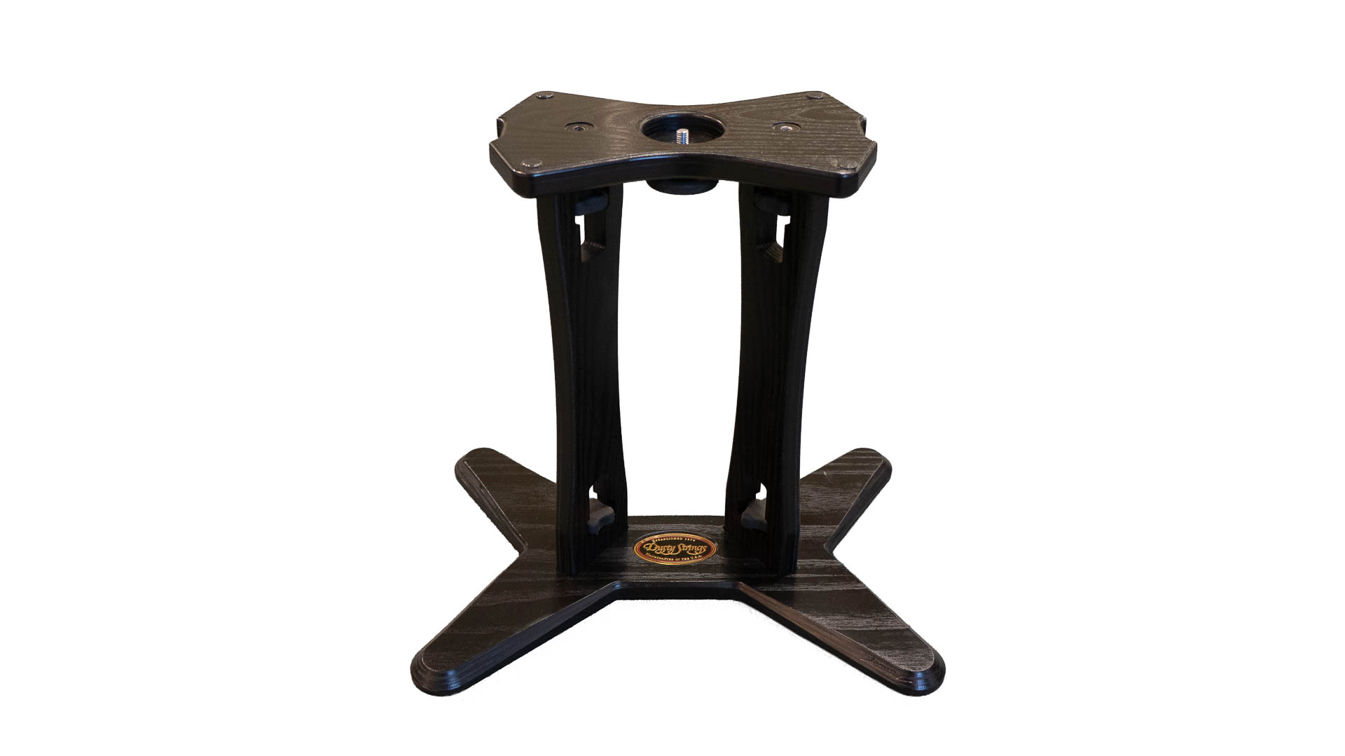 Black wooden stand with x-shaped foot, two legs, and an interface plate that attaches to the harp.