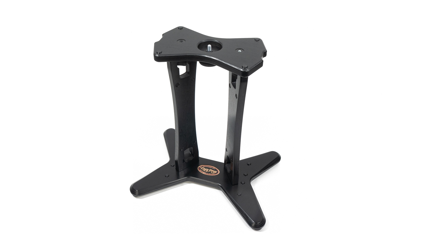 Black wooden stand with x-shaped foot, two legs, and plate that attaches to the harp