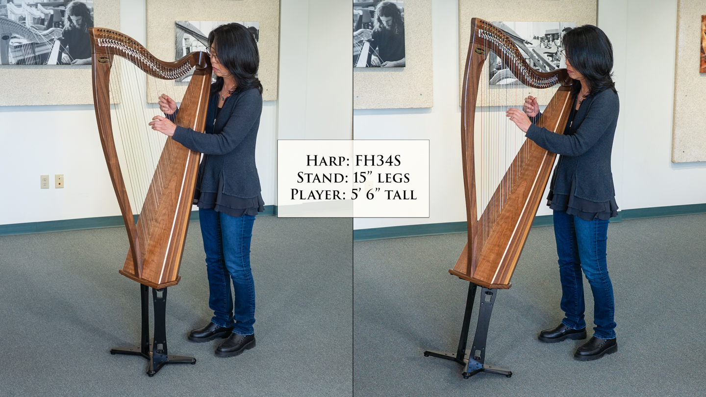 34-string harp on performance stand with 15 inch legs played by someome who is 5 foot 6 inches tall