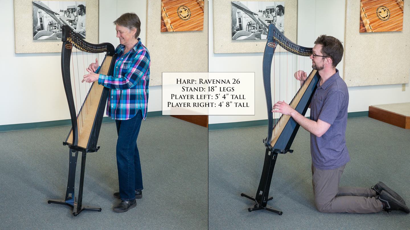 Ravenna 26 on performance stand with 18 inch legs played by someone who is 5 feet 4 inches and someone on their knees pretending to be a child's height