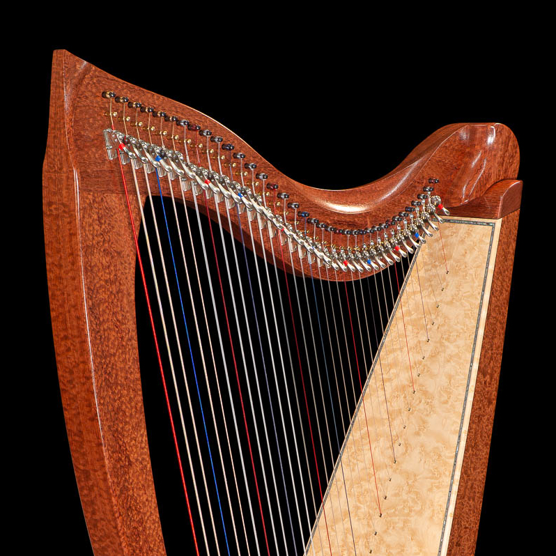 FH36S lever harp with richly figured, red-brown waterfall bubinga wood and contrasting burled bird's-eye maple soundboard with sparkly green abalone edging