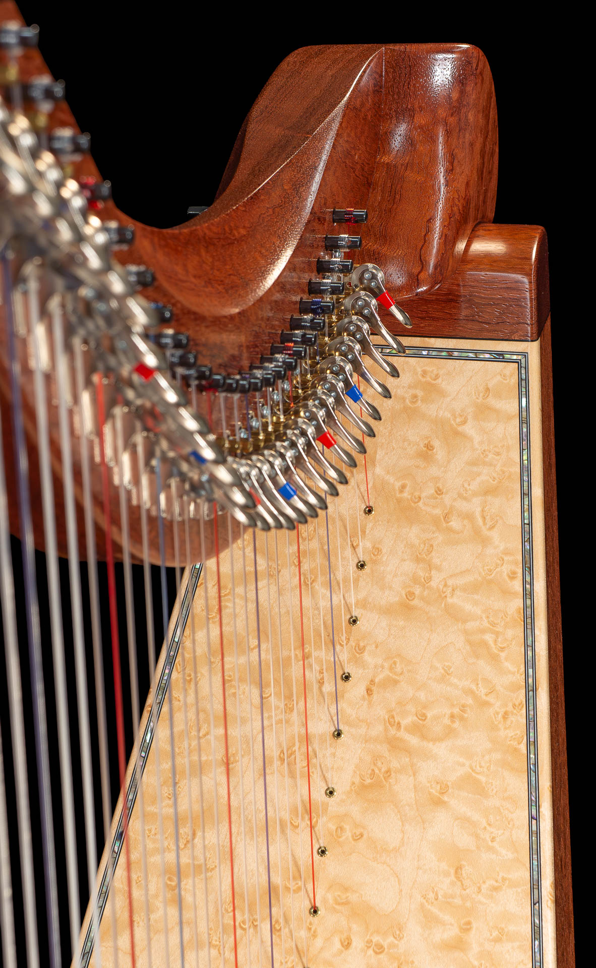 Close-up of the neck and top of the soundbox shogin the details of the bird's eyes on the soundboard and the sparkle of the abalone