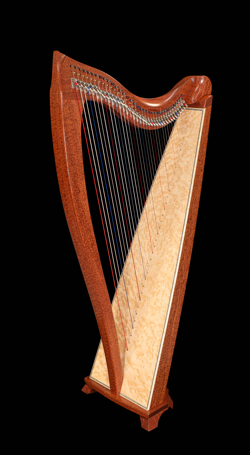 Full FH36S harp in waterfall bubinga with bird's-eye maple soundboard edged in abalone