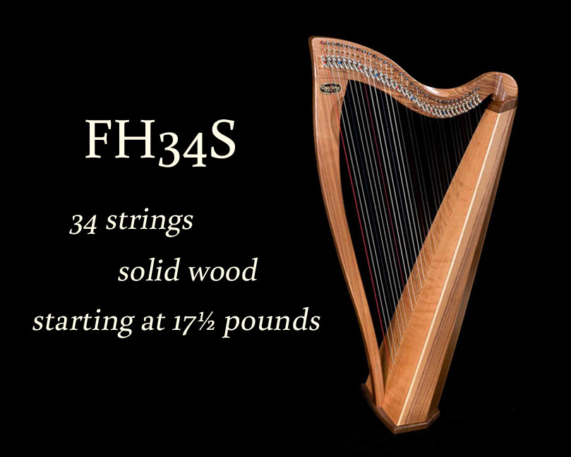 FH34S lever harp: 34 strings, solid wood, starting at 17.5 pounds