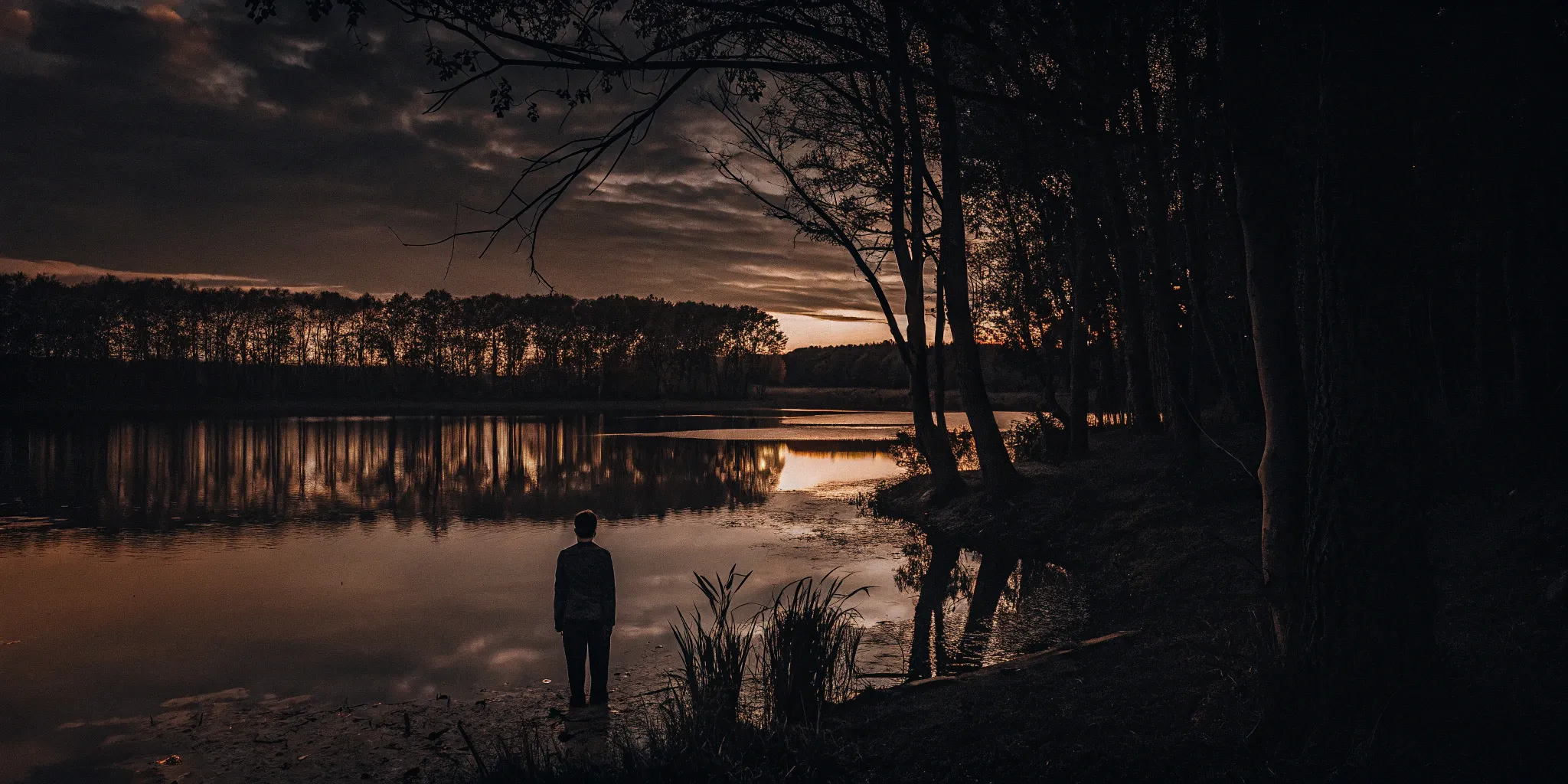 A person stands alone by a dark lake, feeling angry after coming off antidepressants.