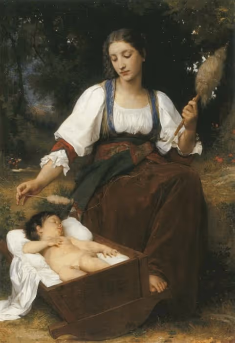 Porträt einer Mutter und ihres Kleinkinds in der Wiege