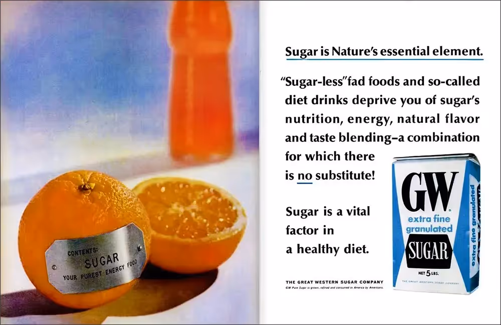 Vintage ad on the benefits of sugar showing an orange and orangeade