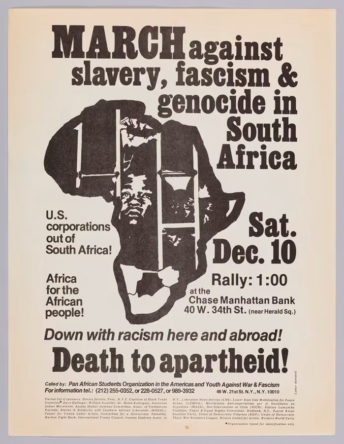Poster advertising a march against Apartheid in the U.S.