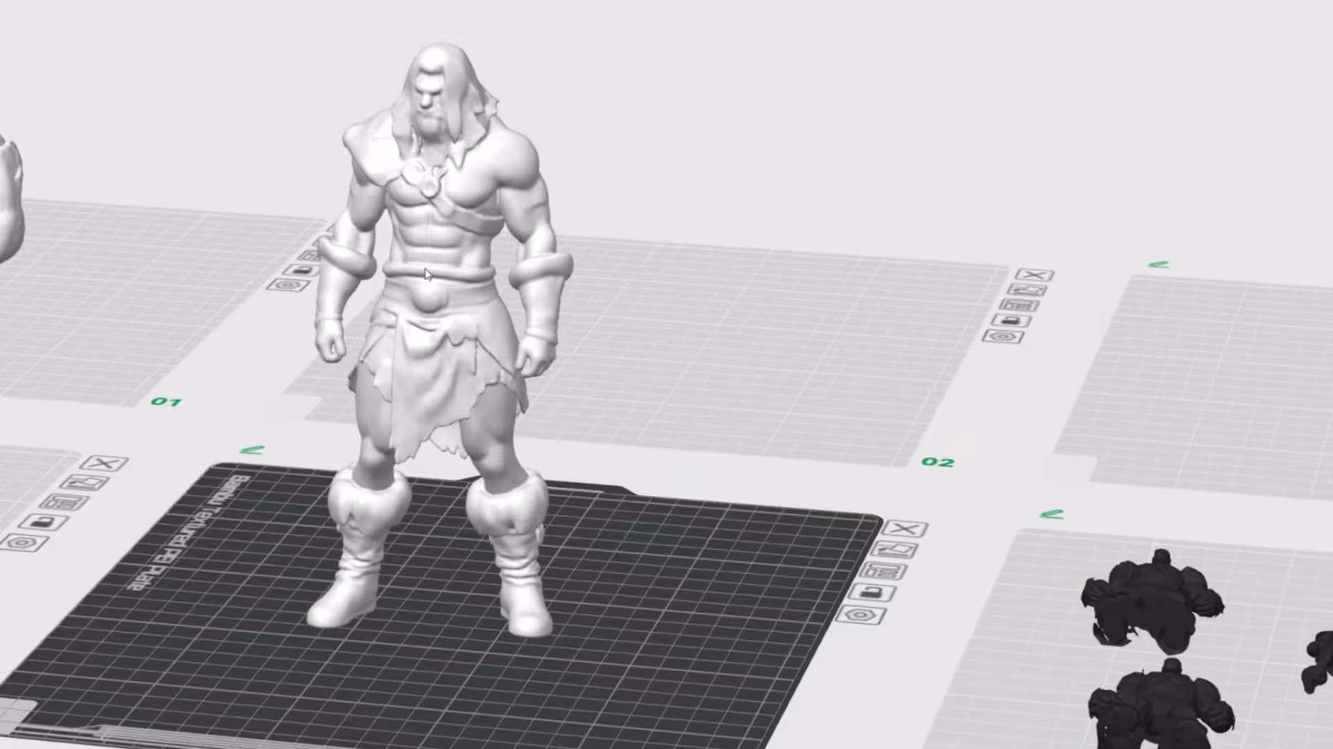 3D modeling software displaying a muscular warrior figure with long hair and armor standing on a black grid platform.