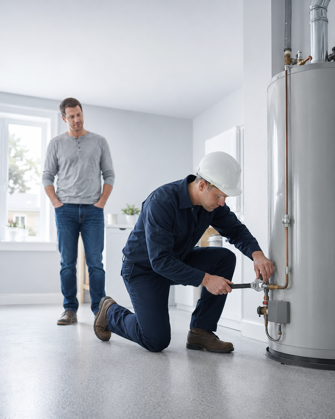 A home-services technician with a homeowner