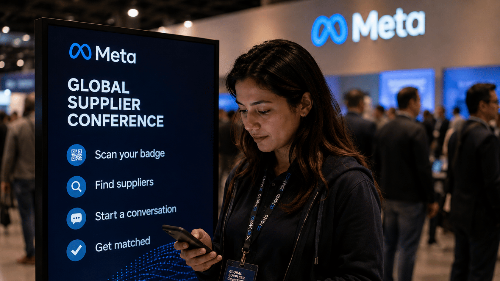 Woman at the Meta booth at a global supplier conference