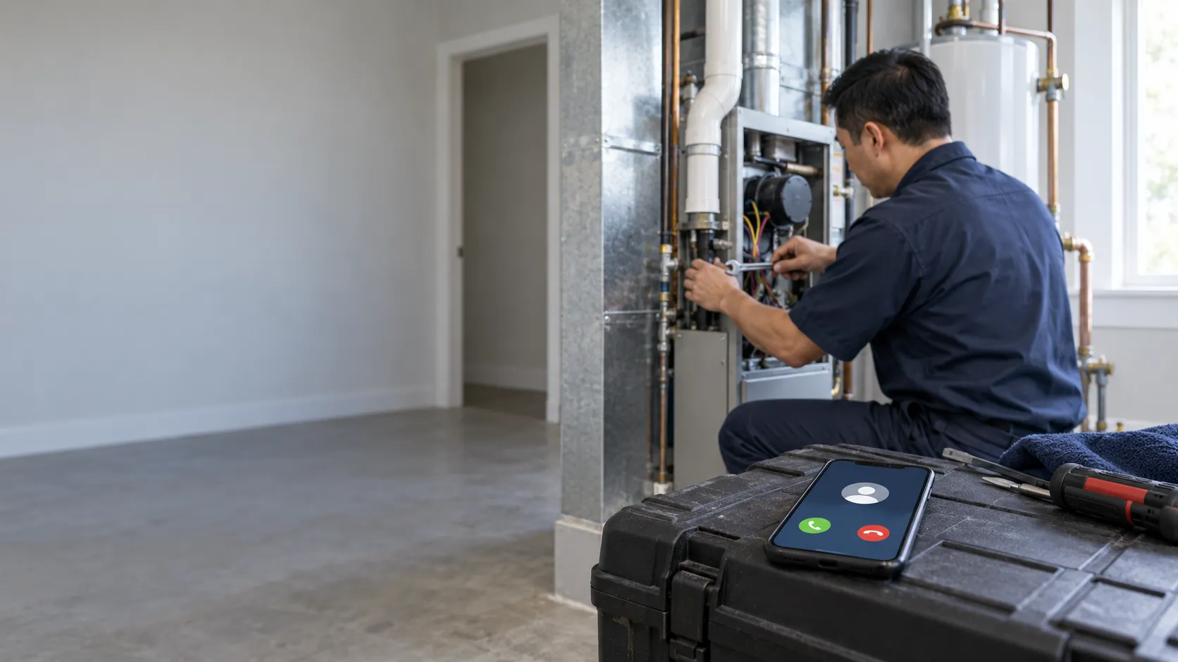 A service technician repairing a furnace while a call comes in on a phone resting on a tool case