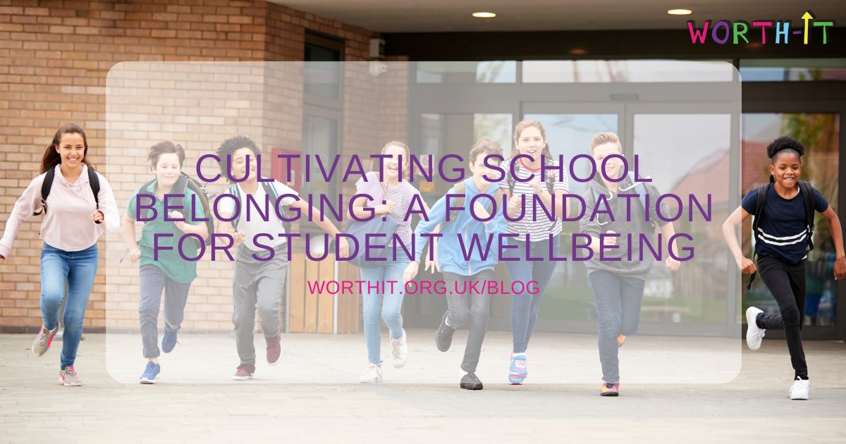 Group of young secondary school students running out of a school building happy