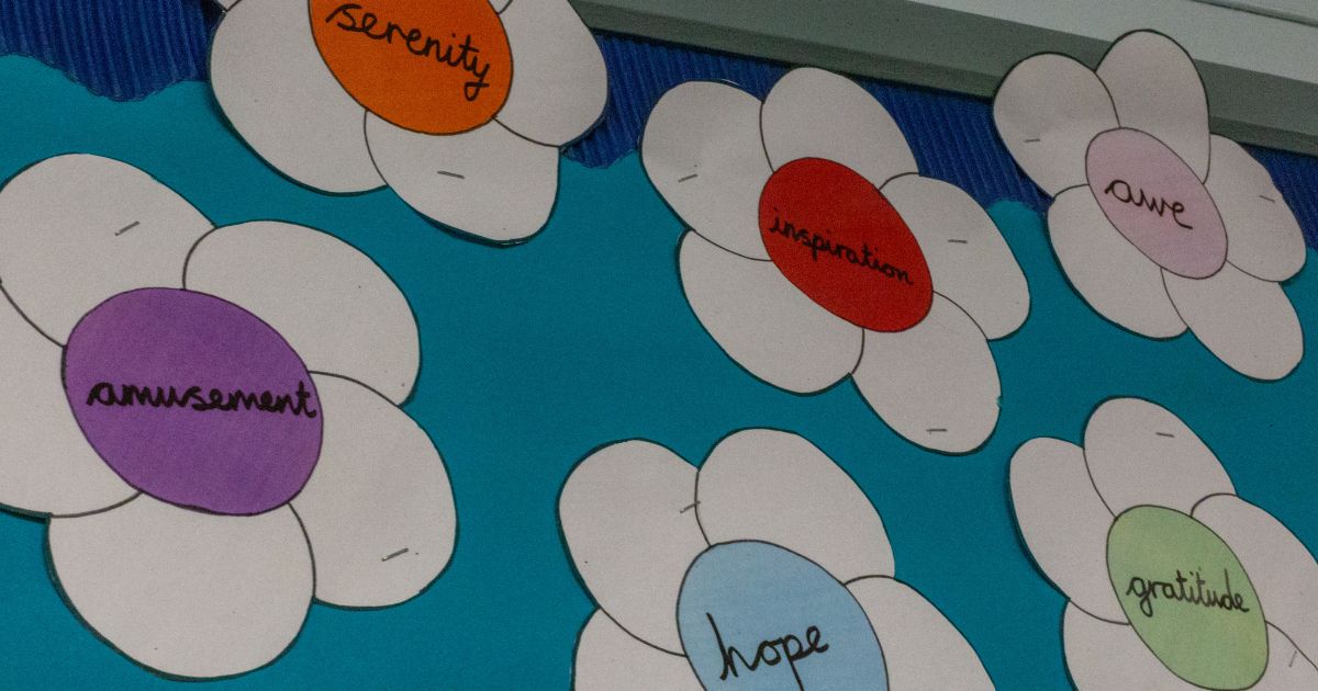 School wellbeing display of positive emotions in flowers