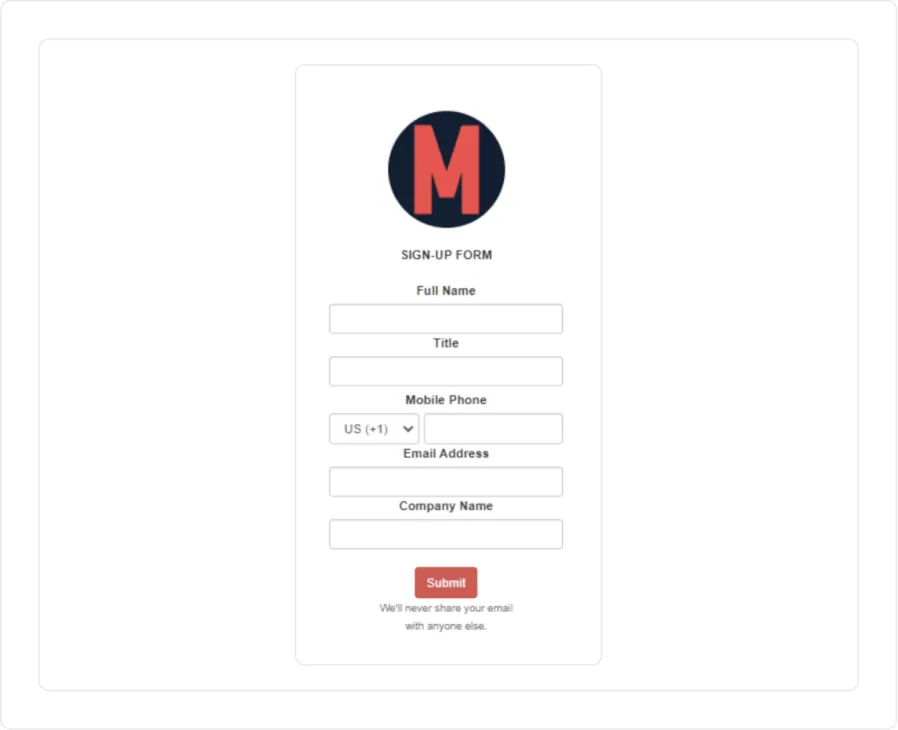 Card shows a registration form - Mobilo Business Card