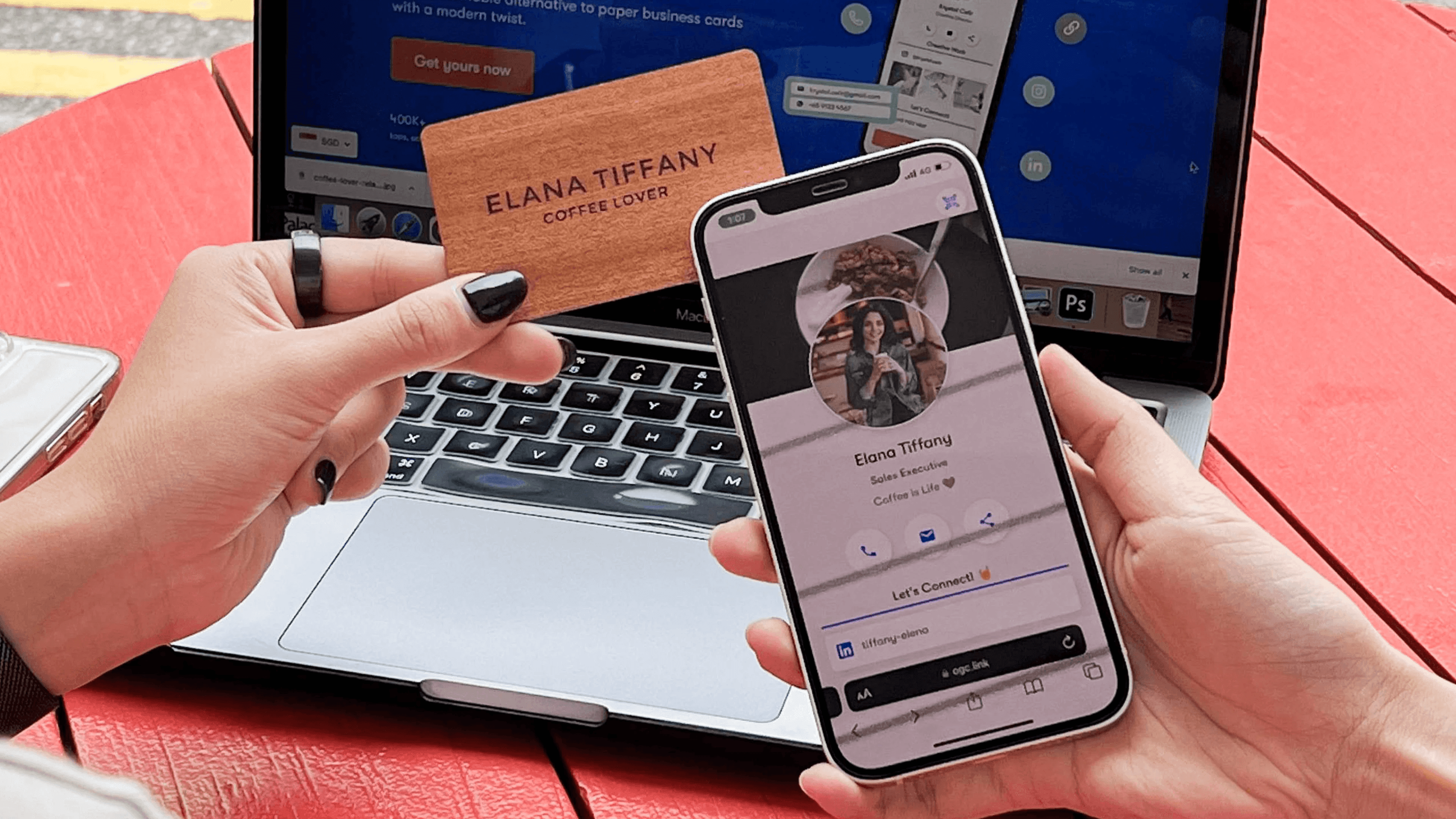 Woman holding a phone & card - Best Digital Business Cards 