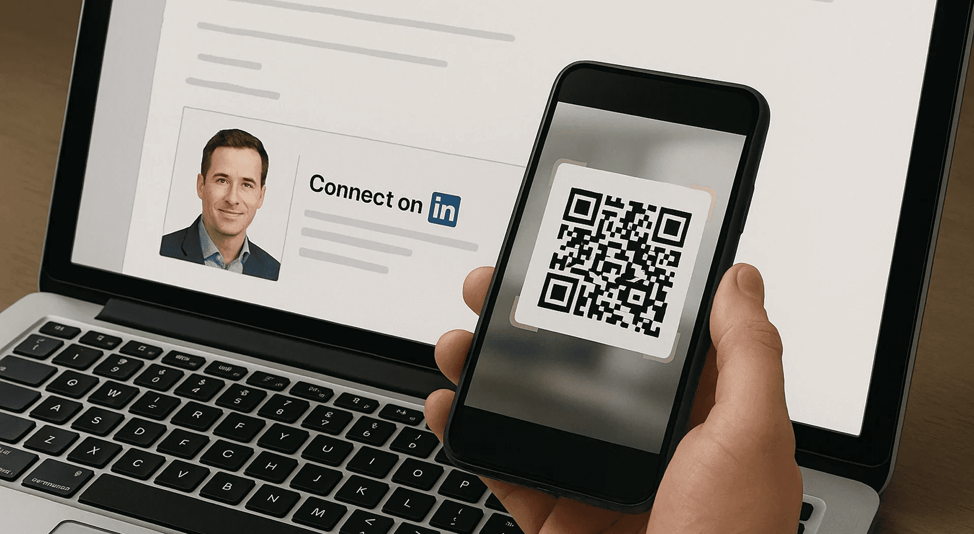 Man scanning LinkedIn code on laptop - How to Share LinkedIn QR 