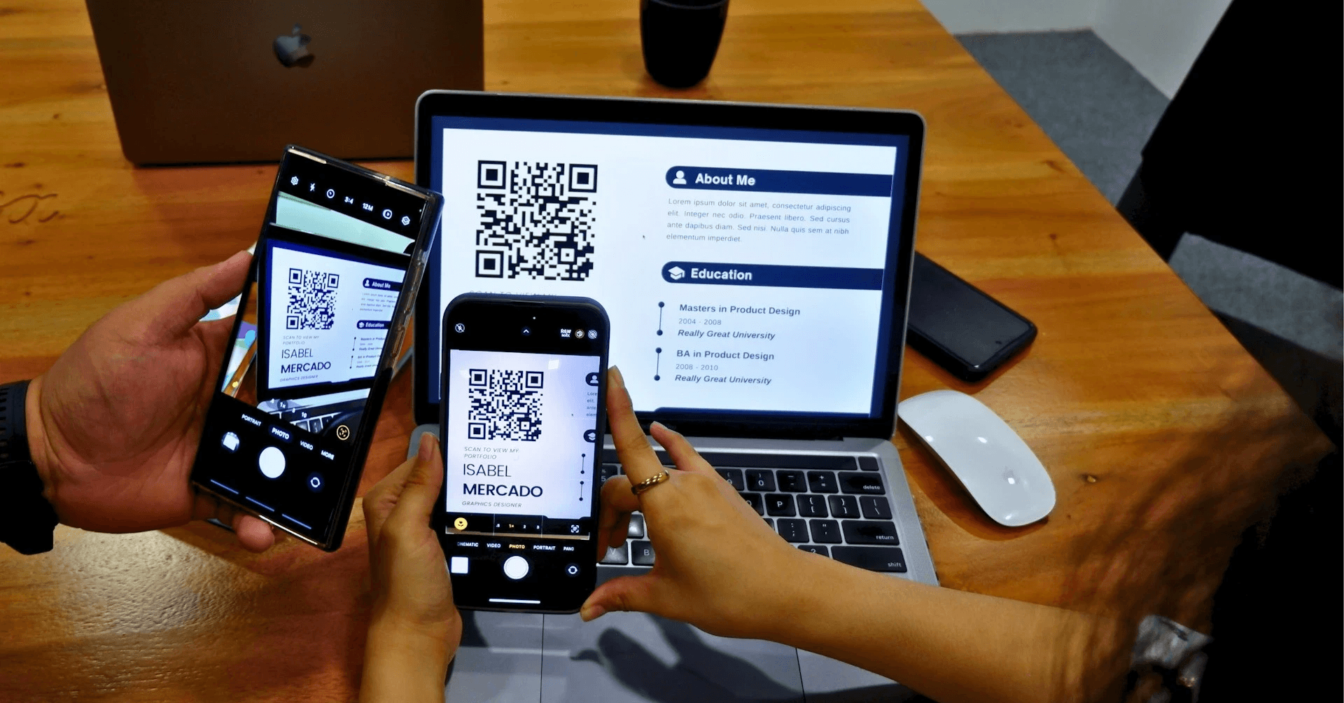 Two person scanning QR code on laptop - How to Share LinkedIn QR 