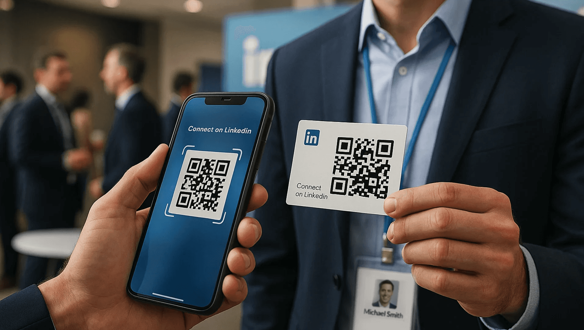 Person scanning QR codes for LinkedIn profiles - LinkedIn QR Code Business Card