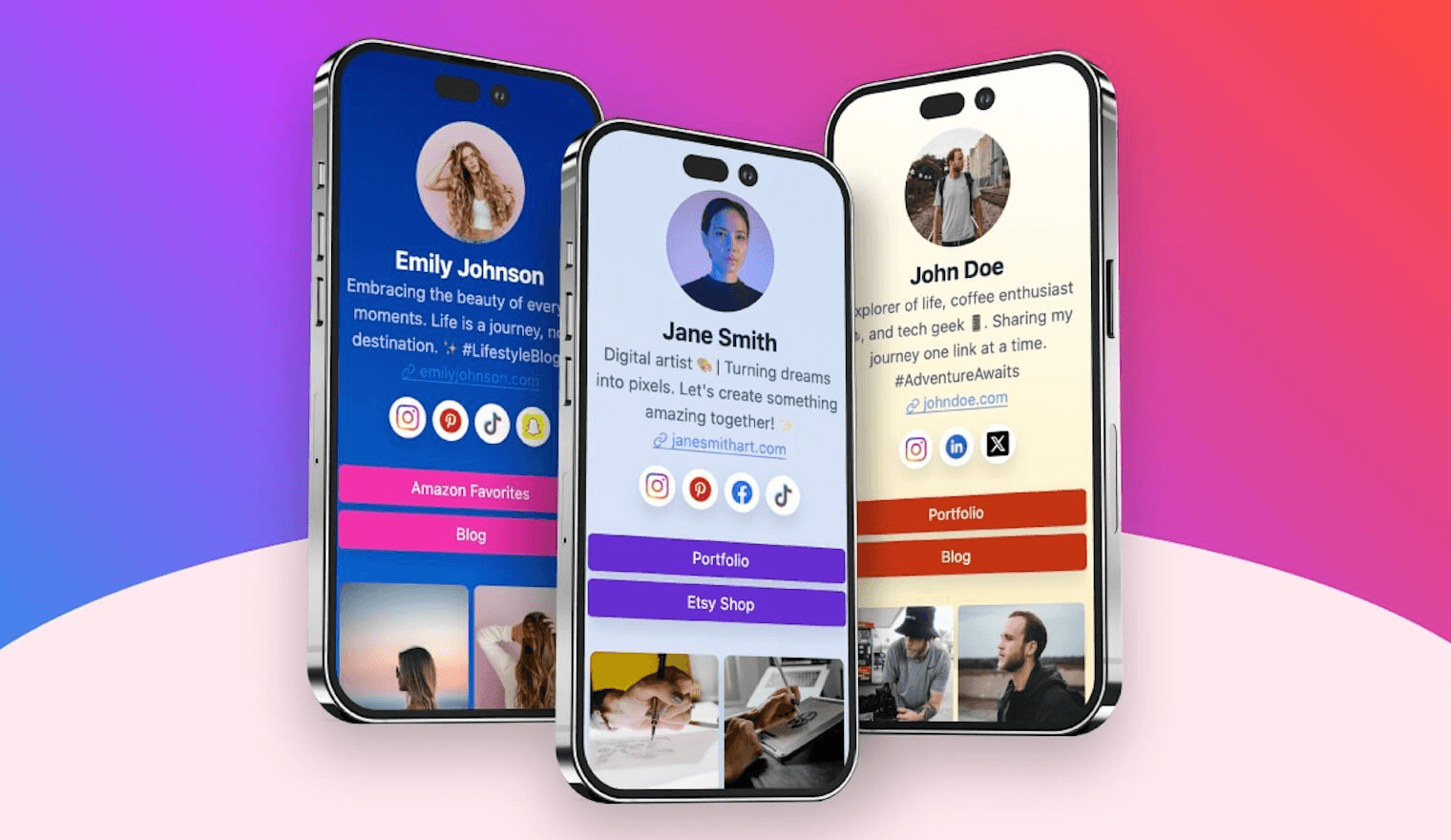 Mobile link profiles shown on smartphones - Link in Bio Examples