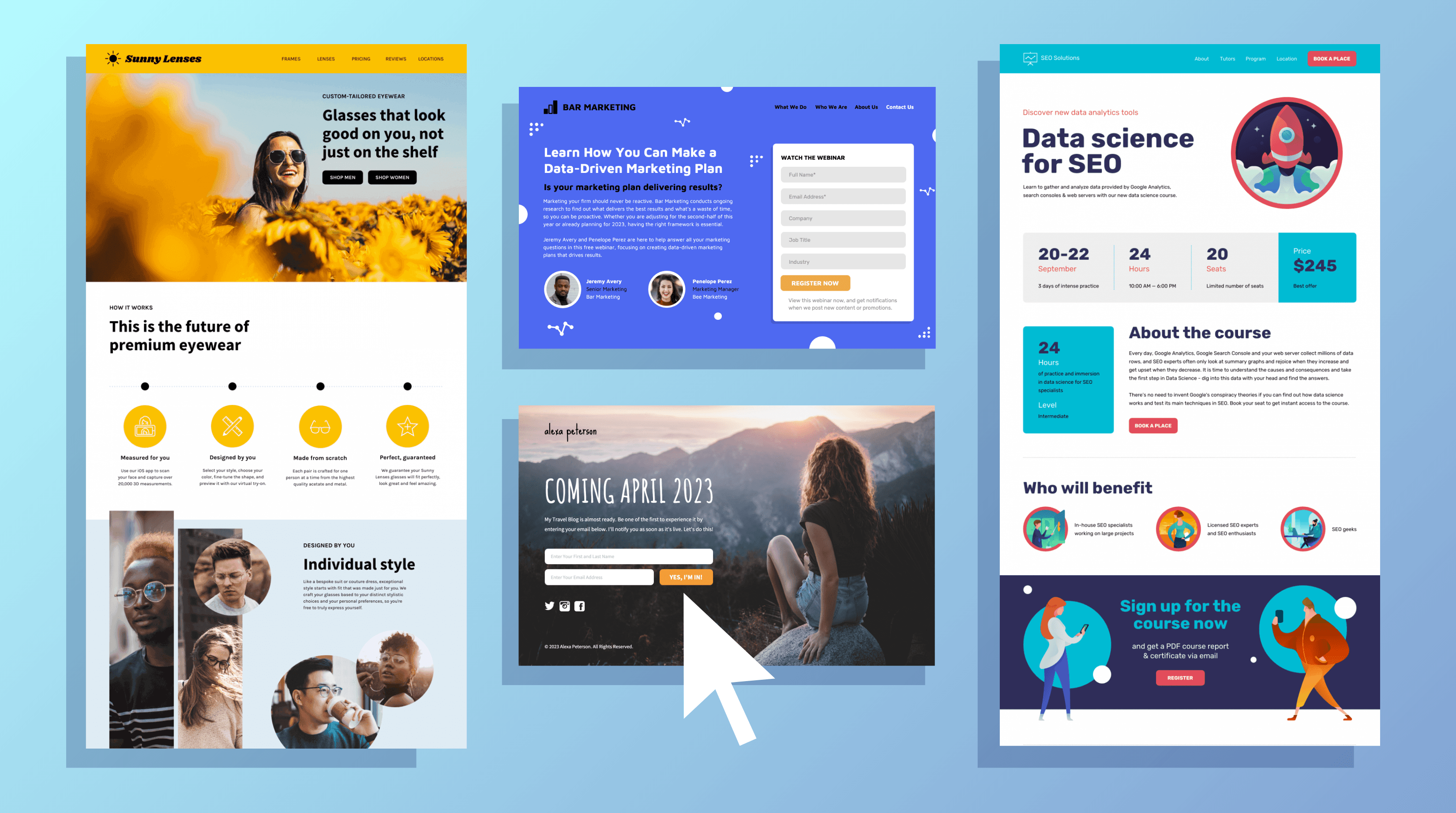 Collection of various website layout designs - Personal Landing Page Examples