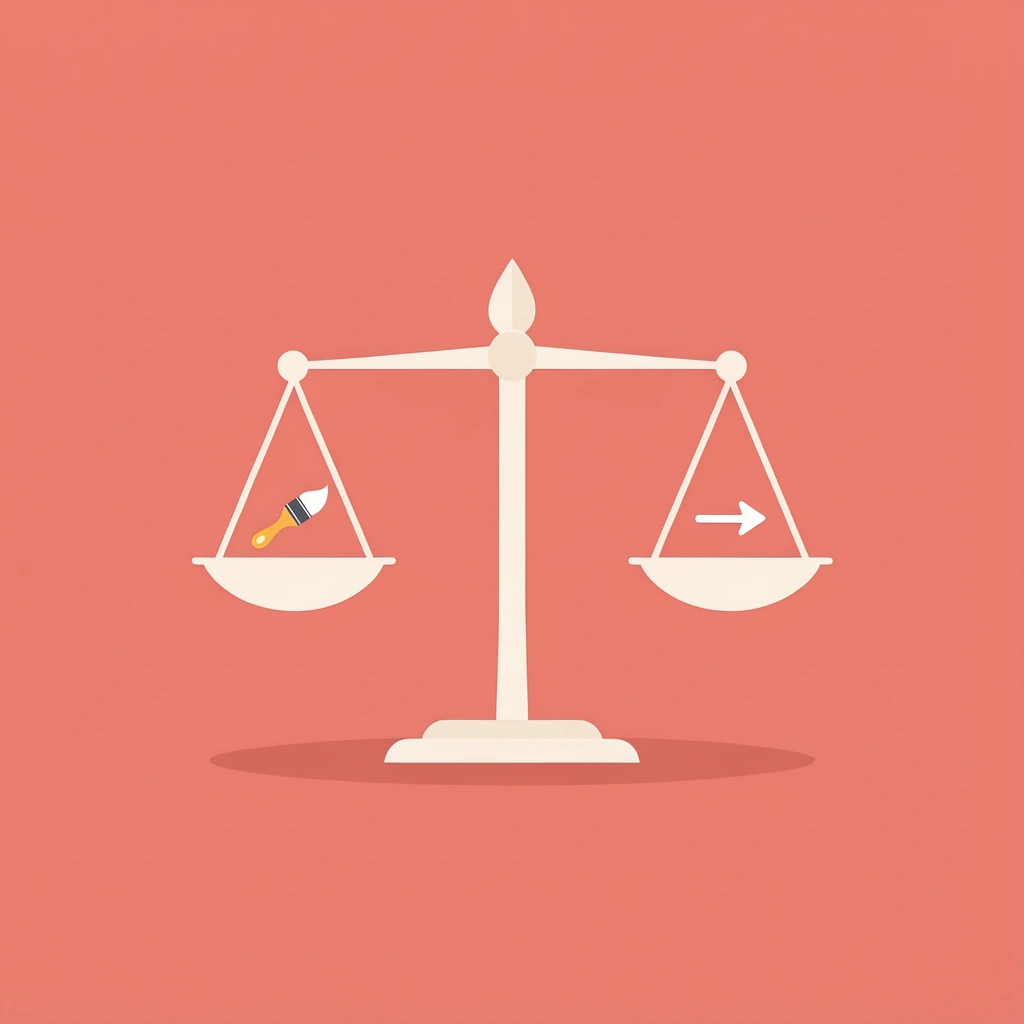 Balance scale comparing aesthetics-focused design on one side with action-focused design on the other