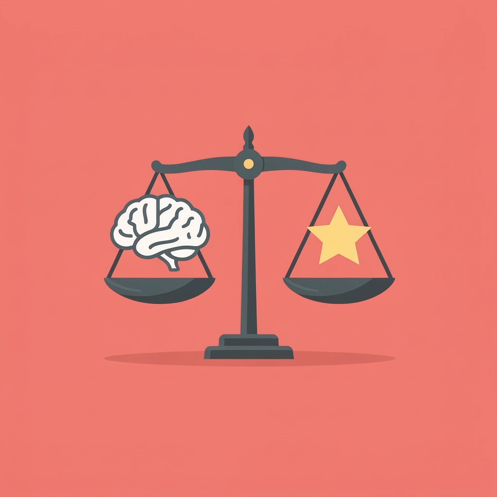  Balance scale with 'Memorable Design' on one side, outweighing 'Strong Work' on the other side