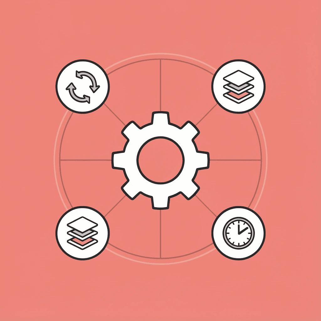 Central hub with About, Pricing, Design, and Content sections connected by lines, showing how changes affect the entire system
