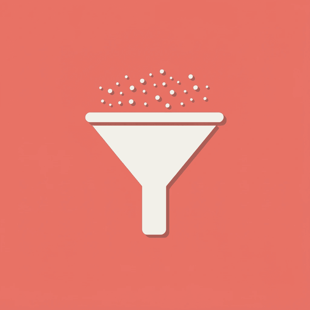 Funnel diagram showing many clicks entering at the top but few or no sales coming out the bottom