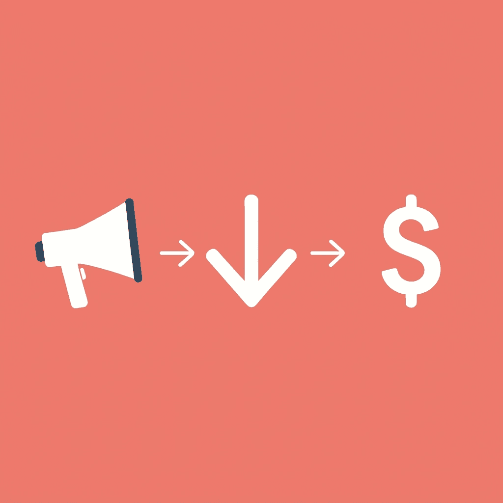 Three-step flow showing successful ad click leading to failed landing page conversion resulting in wasted budget