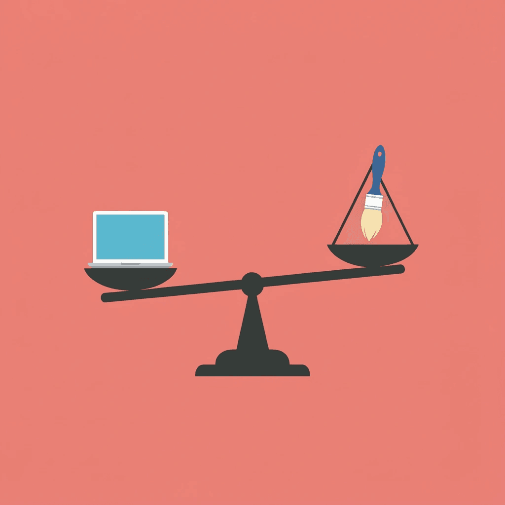 Balance scale showing technical skills on one side and visual presentation on the other, with presentation outweighing skills