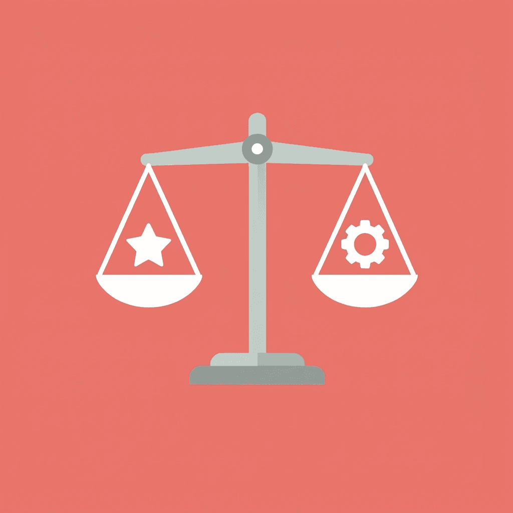 Balance scale comparing bare-bones simplicity on one side against advanced functionality on the other