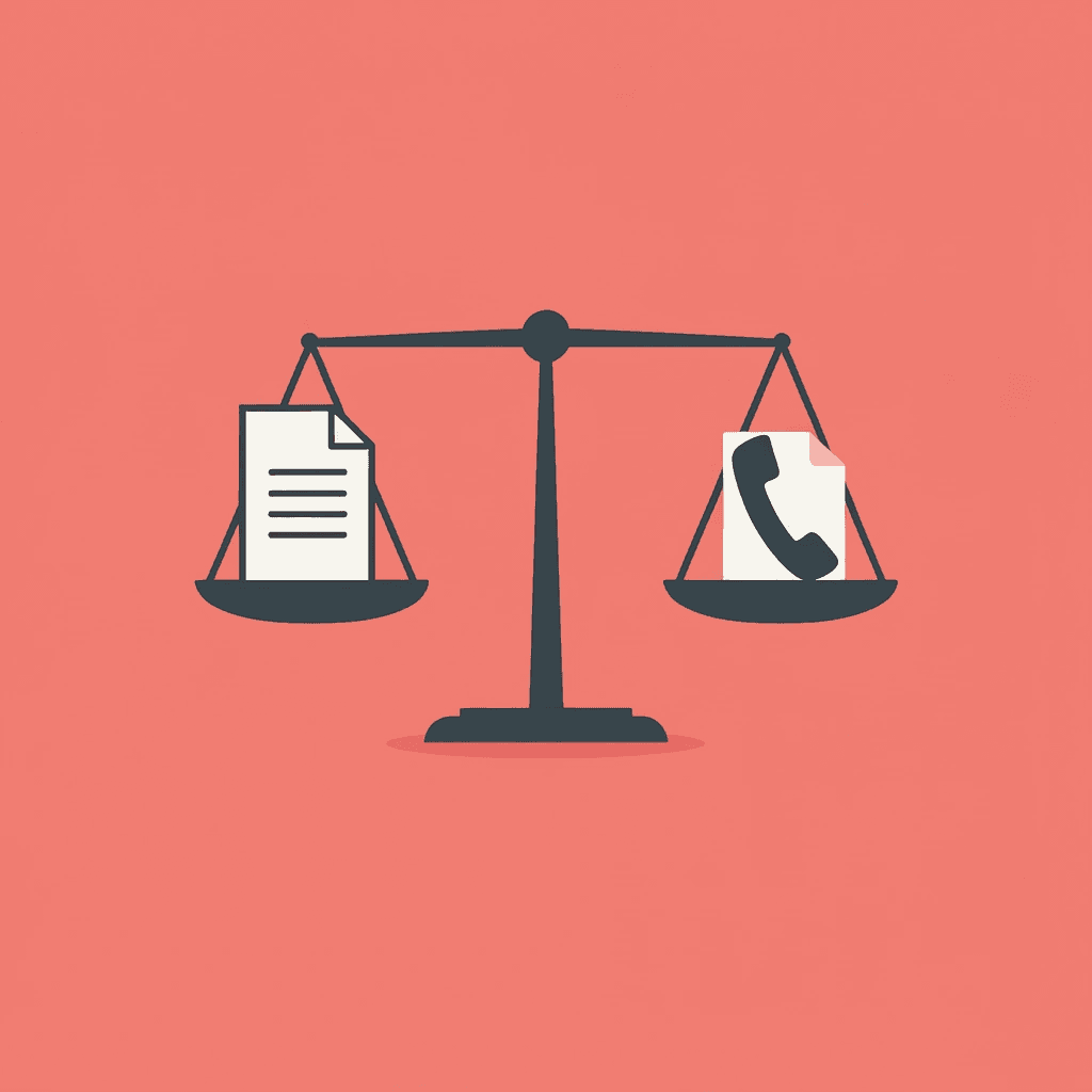 Balance scale comparing paper business cards on left versus digital contact cards on right