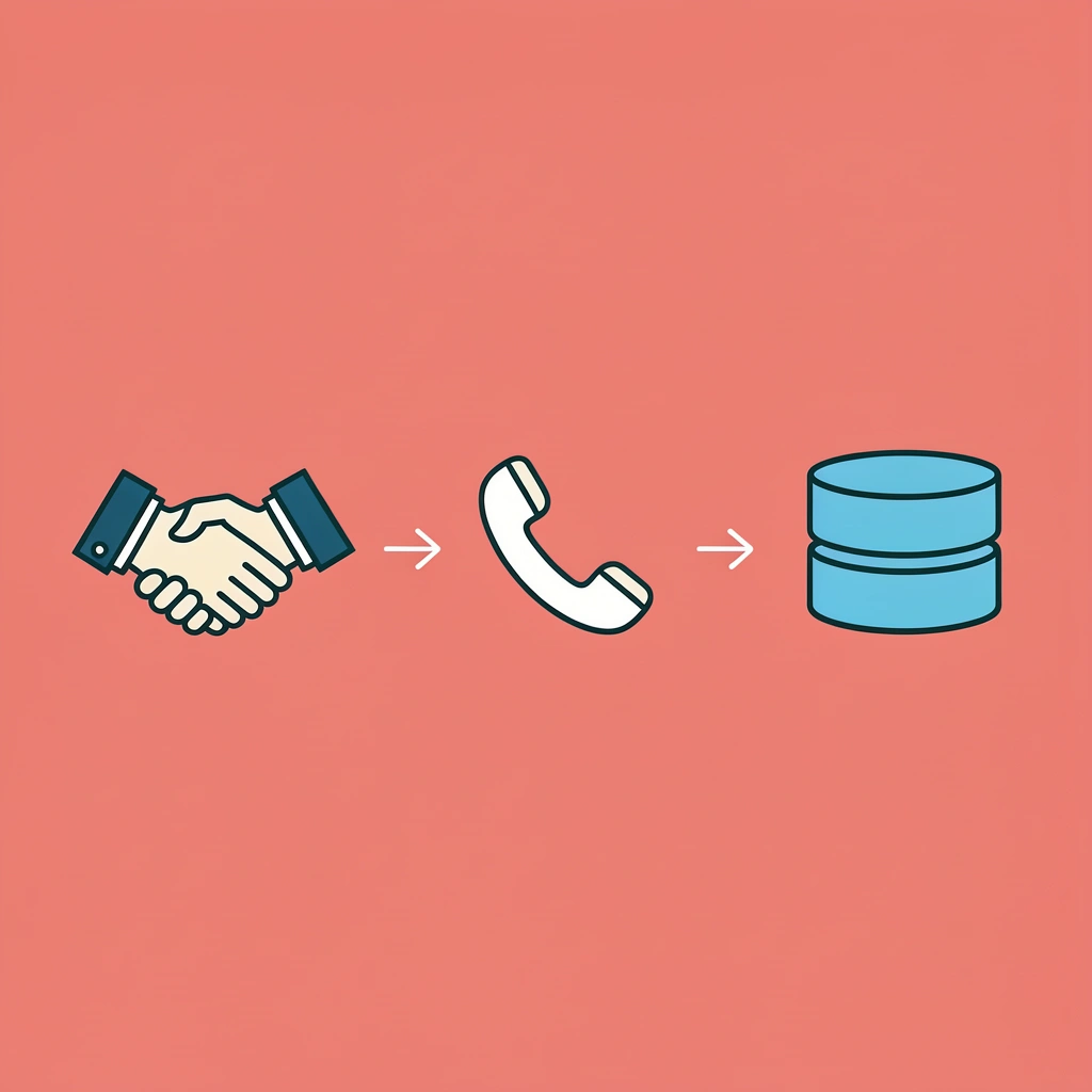  Three-step process flow showing networking event, digital card tap, and automatic data capture into the system