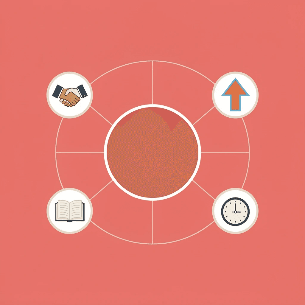 Central business card icon connected to multiple professional contact icons representing networking opportunities