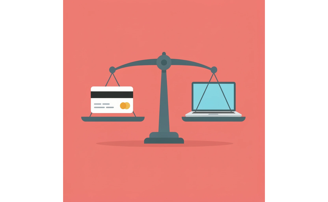 Balance scale comparing digital connection on one side and physical business cards on the other
