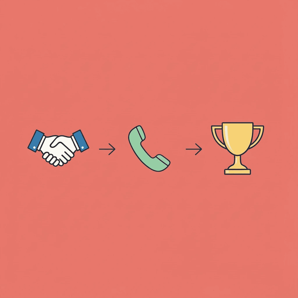 Three-step process showing business card exchange leading to follow-up conversation leading to business results