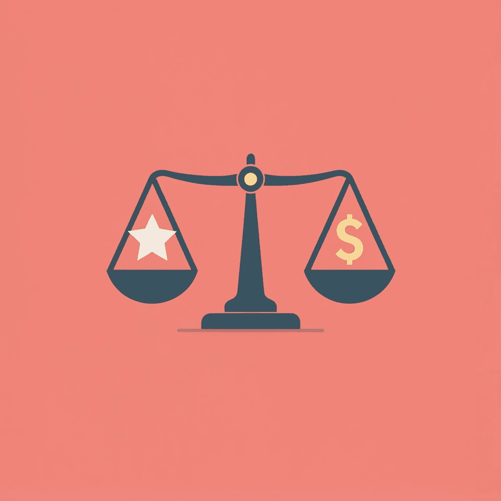 Balance scale comparing design elements on one side against meaningful follow-up and business results on the other