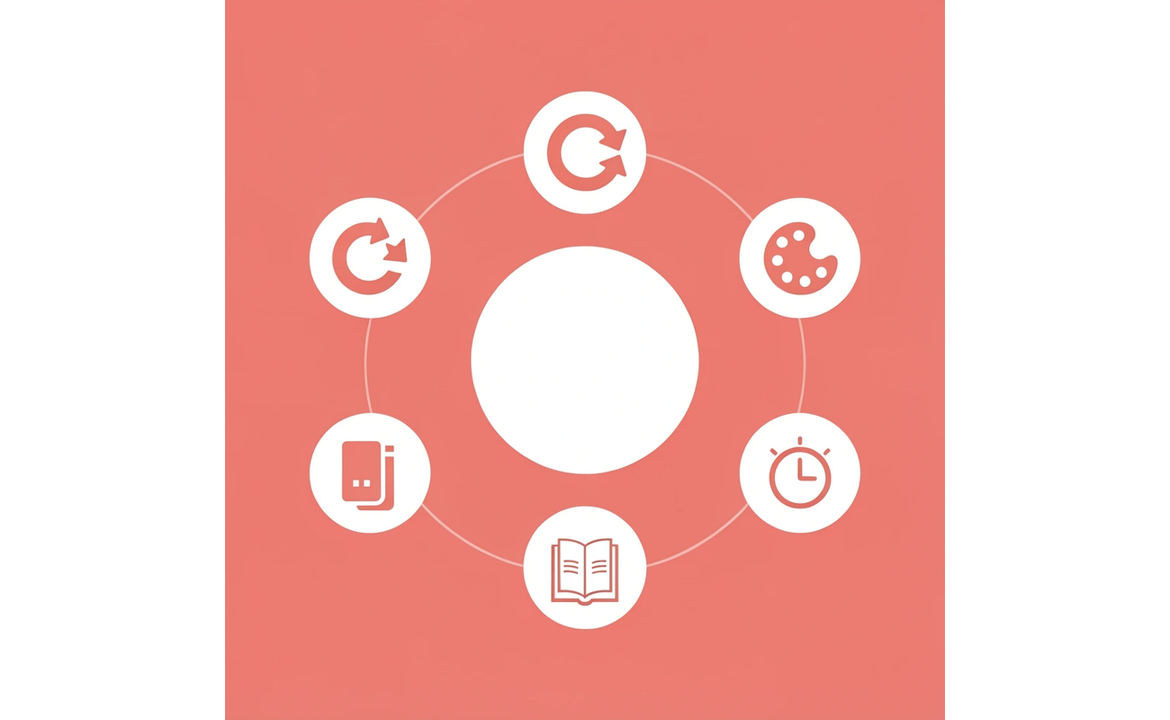 Central color wheel connected to four design elements showing how colors interact