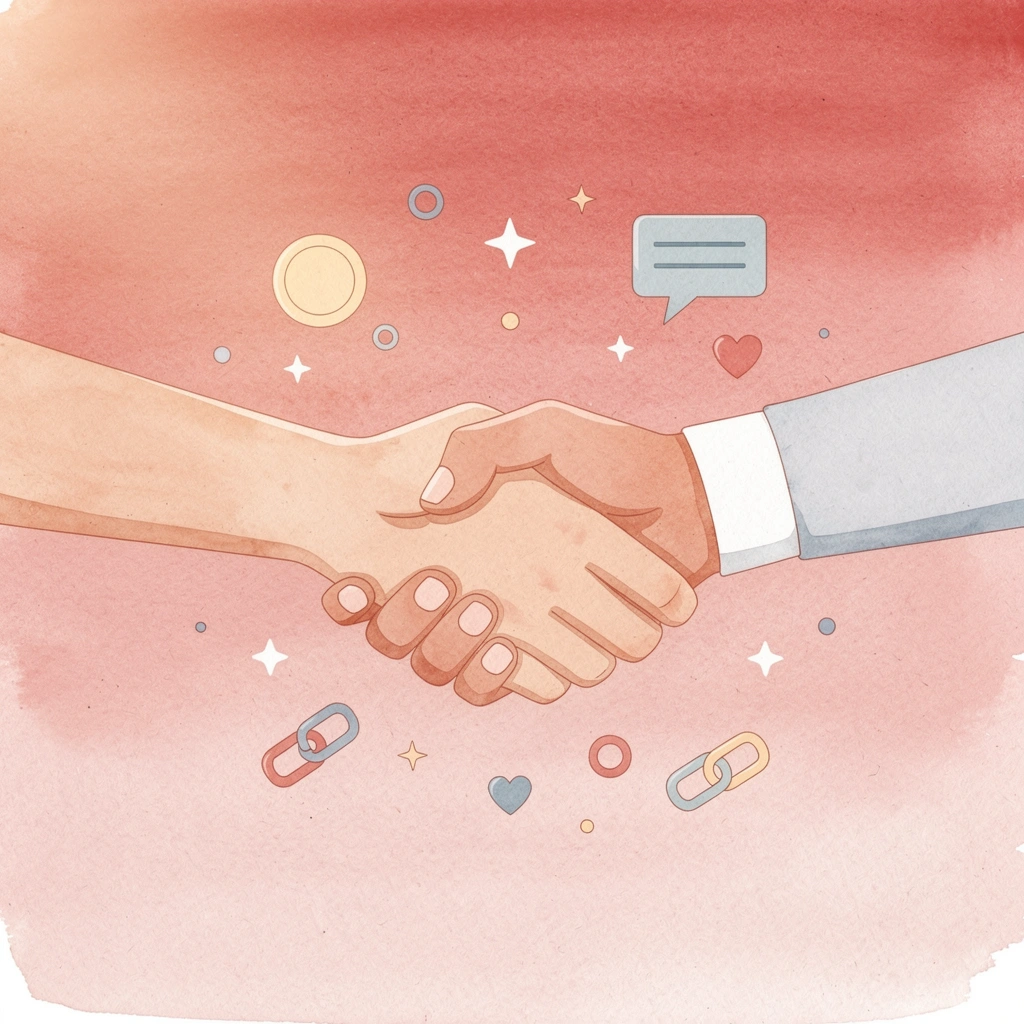 Scene showing hands connecting with floating contact icons representing digital business card exchange