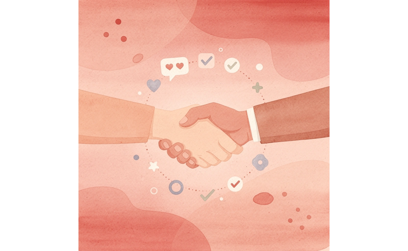 Hands connecting with floating digital icons representing active digital relationships