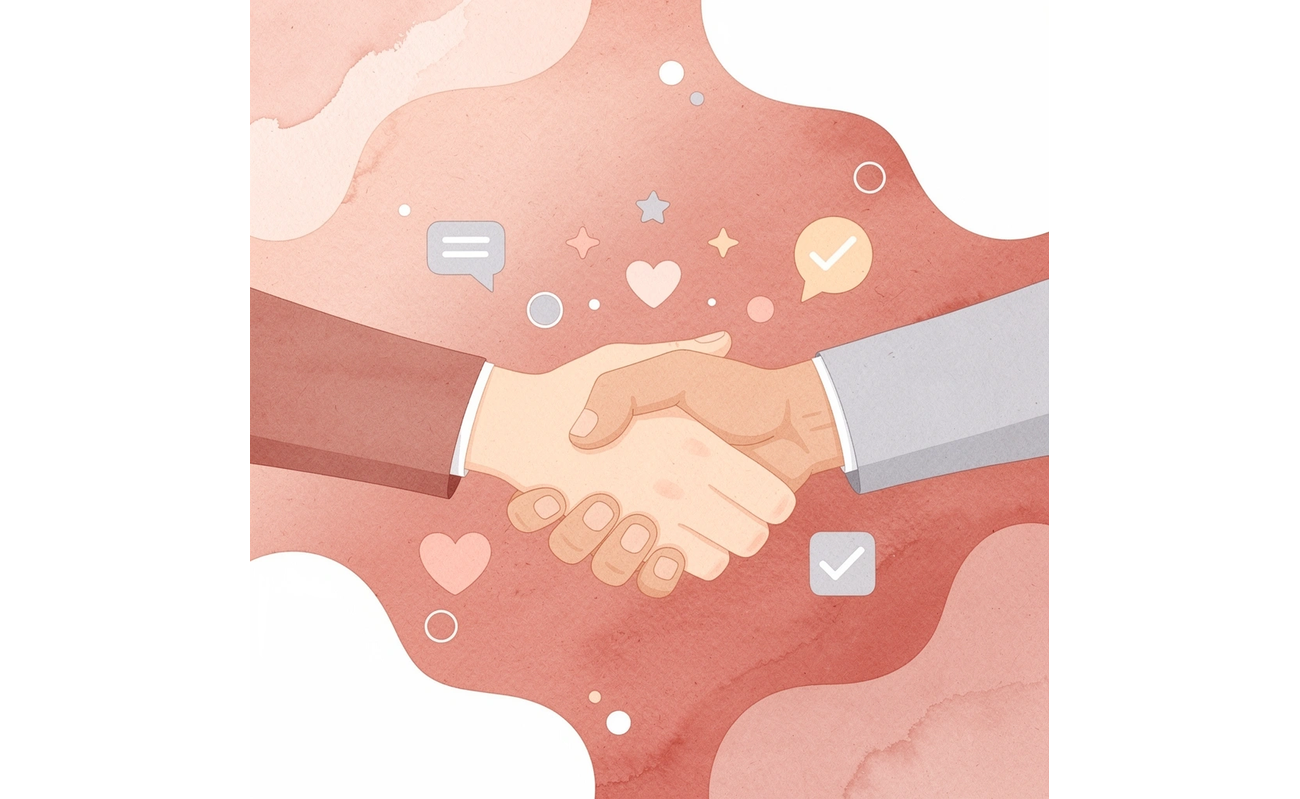 Handshake scene with digital business card elements