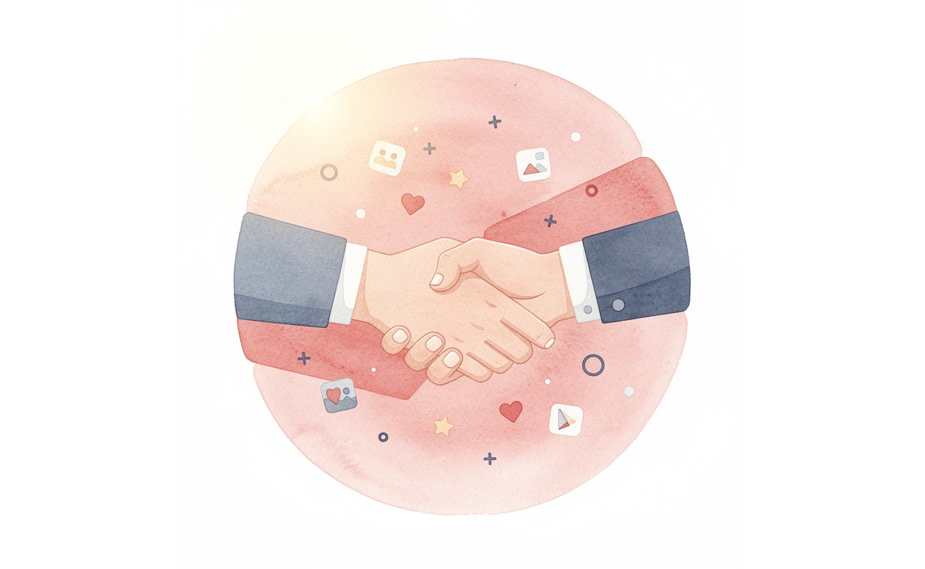 Scene showing hands connecting with digital networking elements