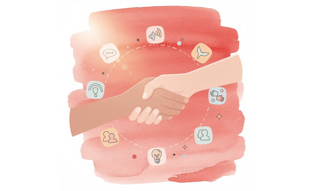 Scene showing networking handshake with floating engagement tracking elements