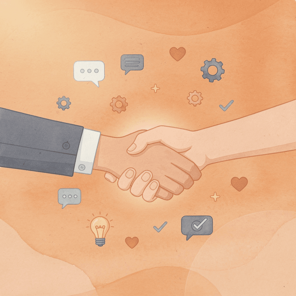 Handshake scene with floating digital elements representing successful card sharing