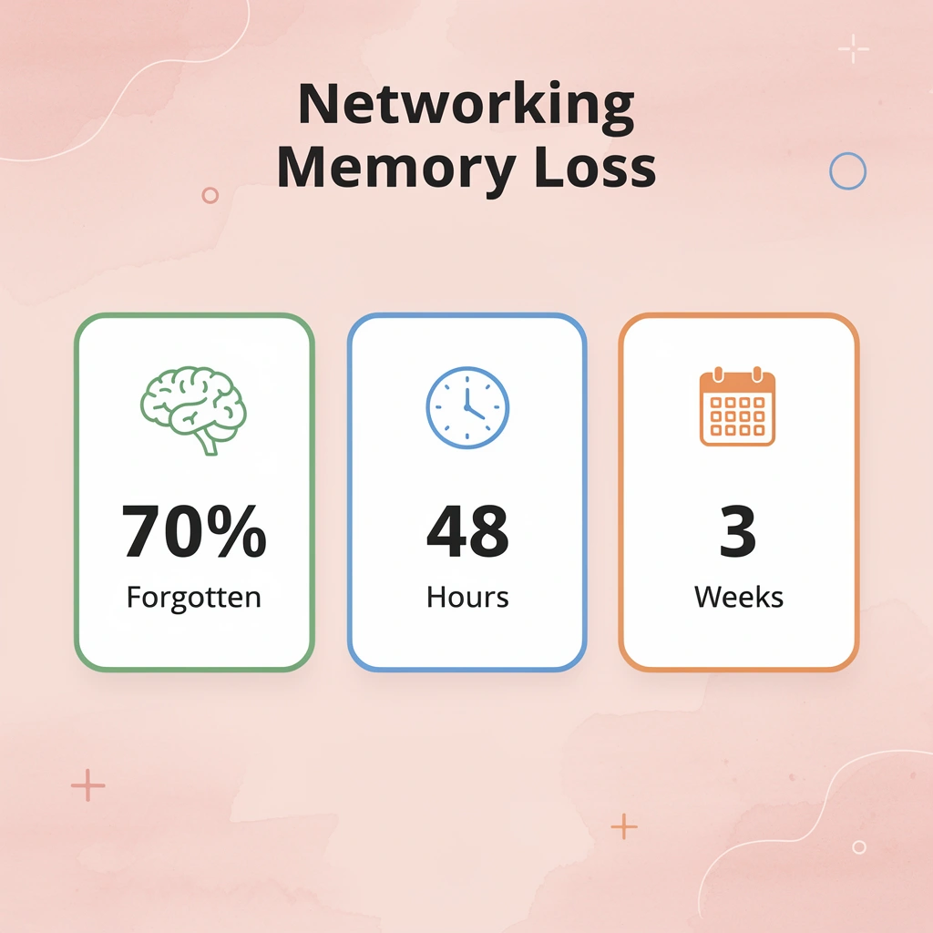 Statistics showing 70% of networking details forgotten within 48 hours over 3 weeks