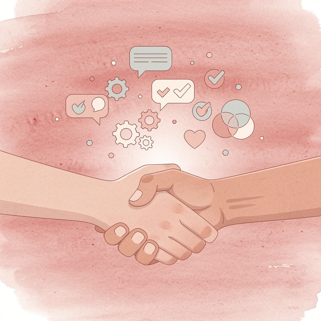 Hands connecting with digital networking icons floating around them