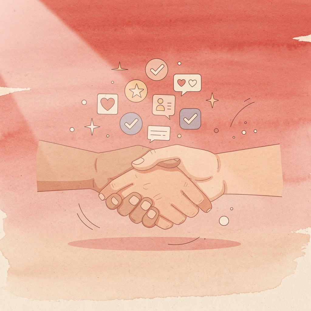 Two hands connecting with floating business card icons representing networking at conferences