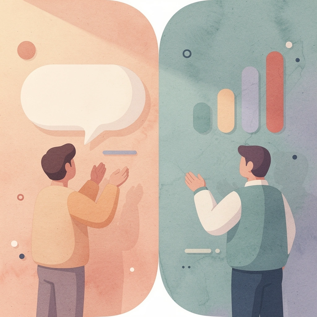 Split scene illustration comparing two different digital business card approaches